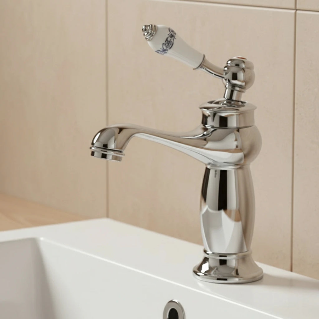 Robinet lavabo salle de bain rétro poignée céramique - Argenté - Laiton