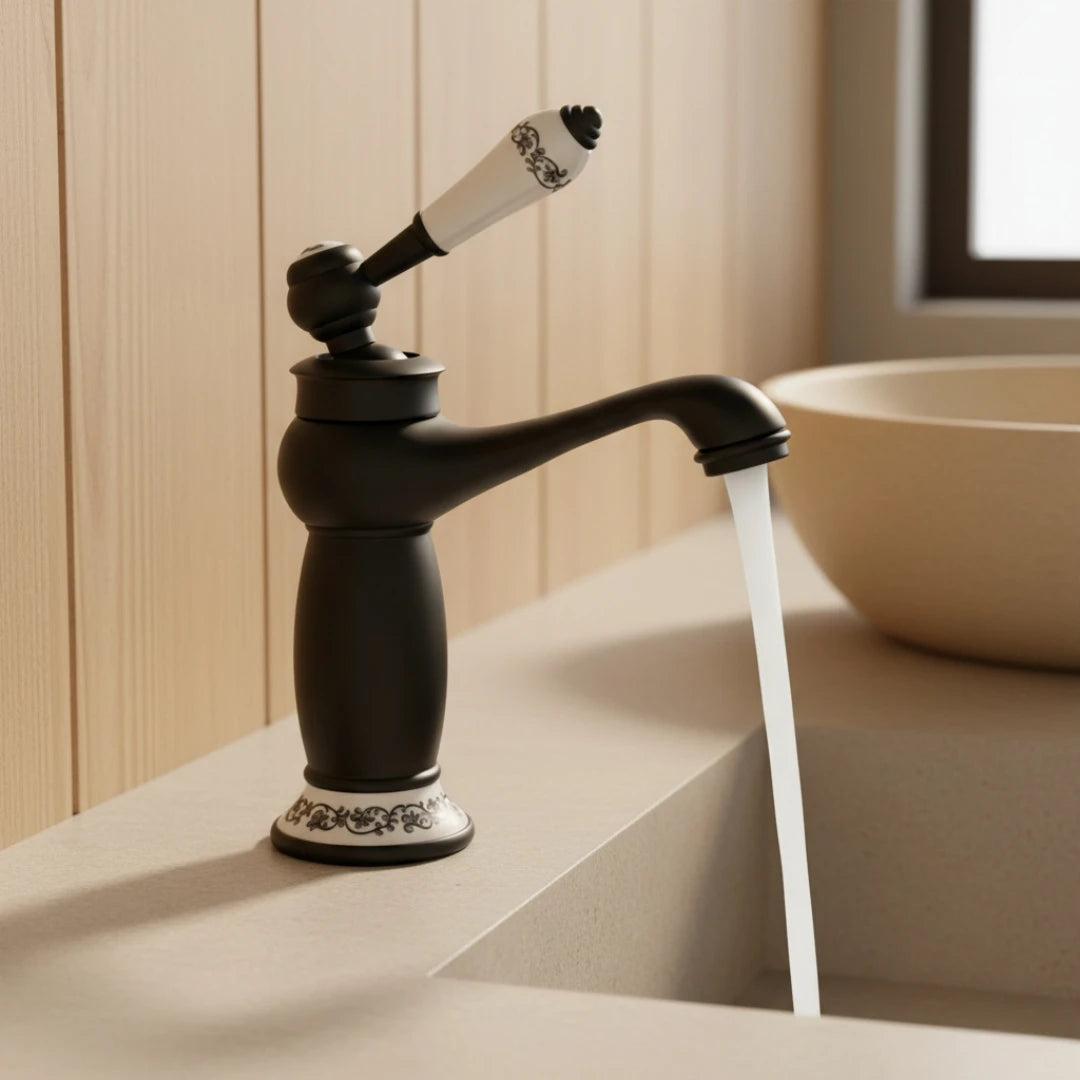 Robinet lavabo salle de bain rétro poignée céramique - Noir - Laiton