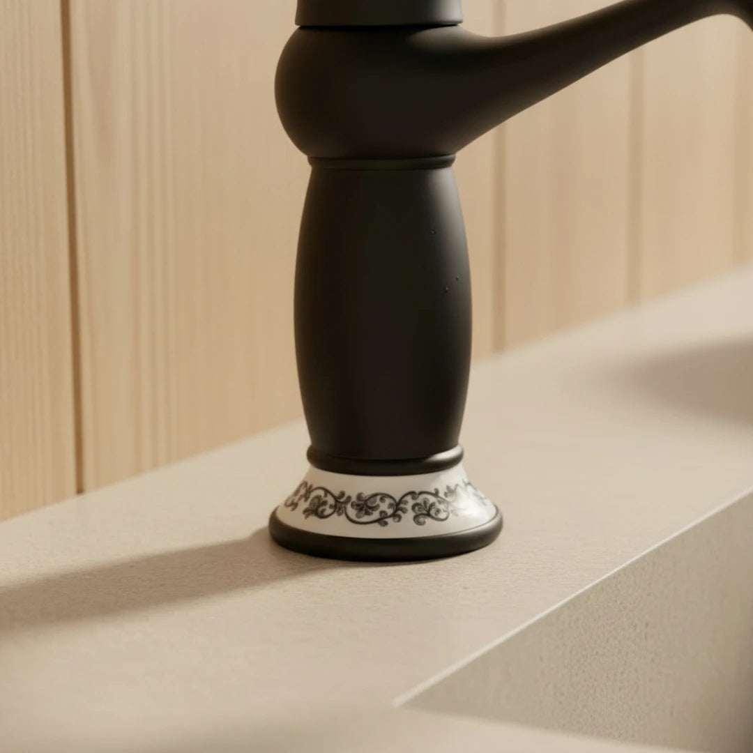 Robinet lavabo salle de bain rétro poignée céramique - Noir - Laiton