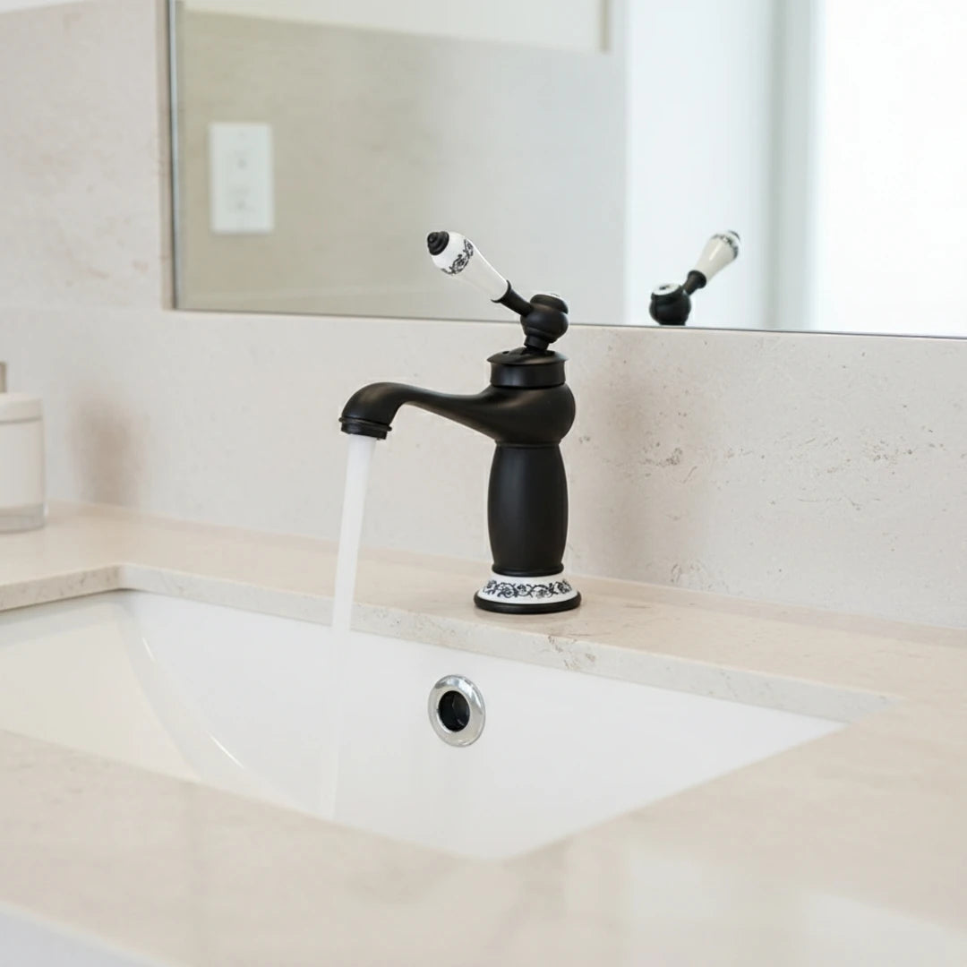 Robinet lavabo salle de bain rétro poignée céramique - Noir - Laiton