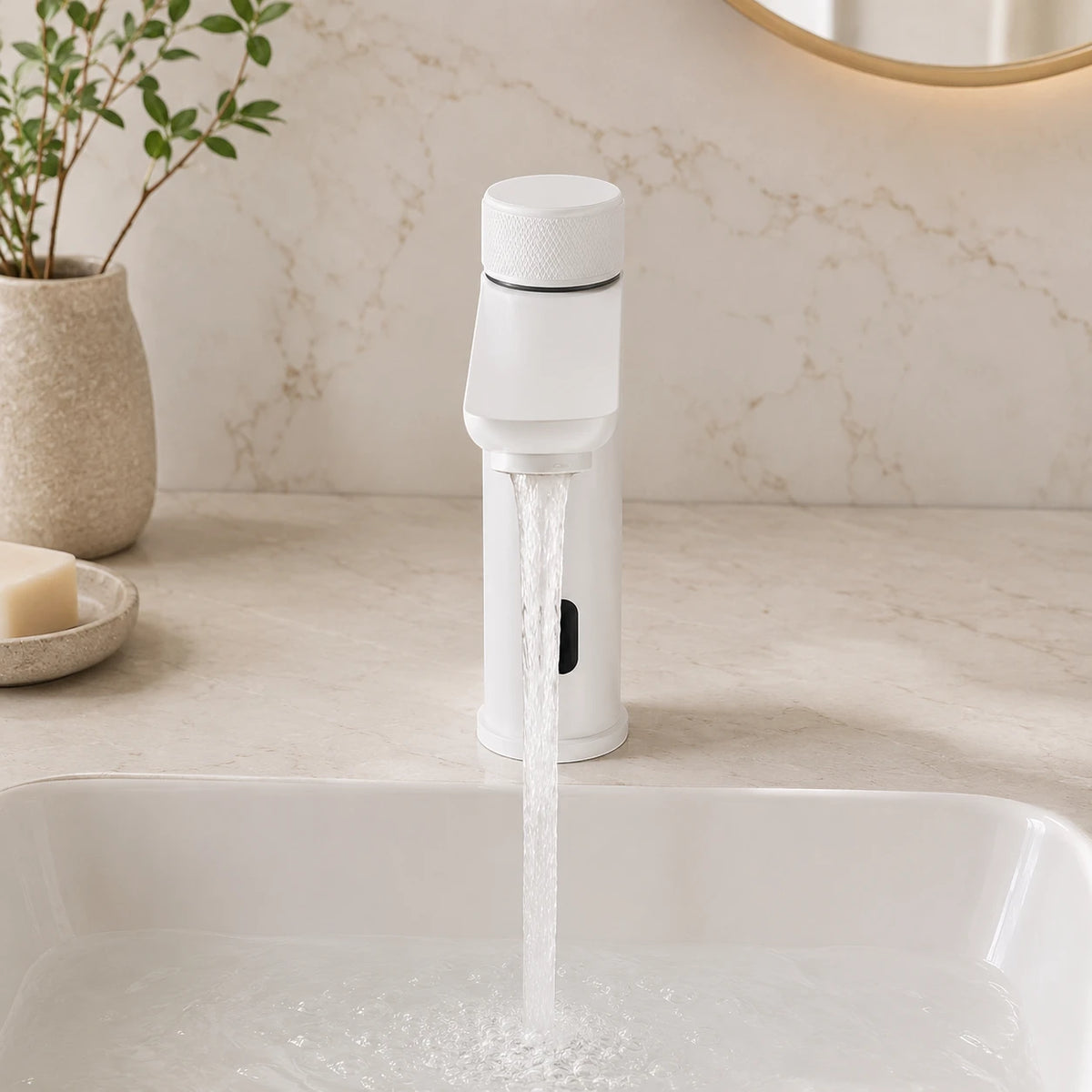 Robinet lavabo salle de bain tactile mitigeur rond - Blanc - Laiton