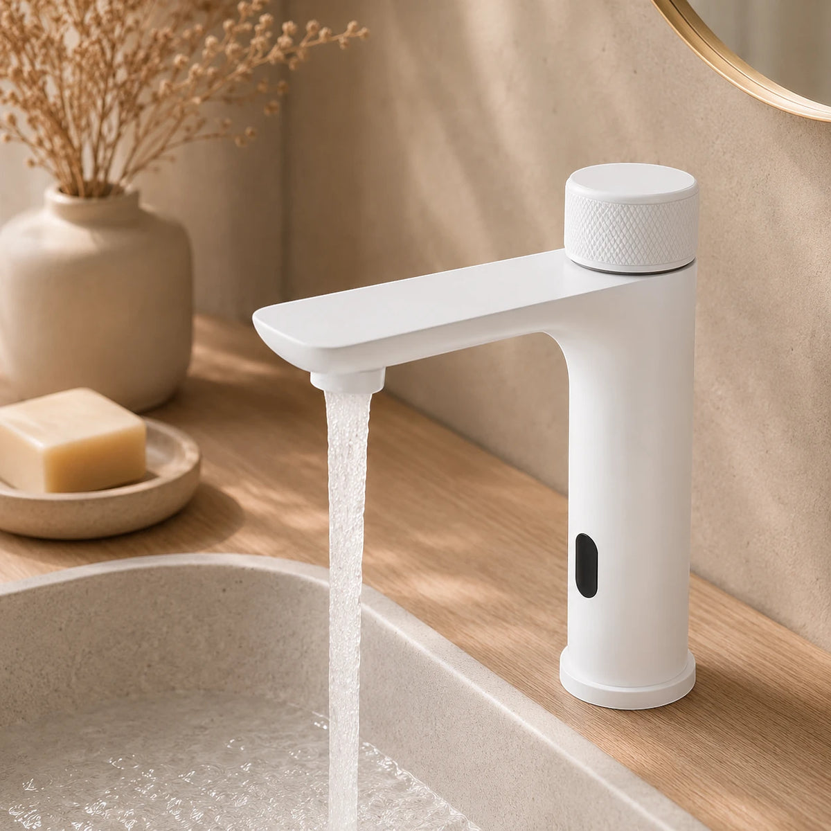 Robinet lavabo salle de bain tactile mitigeur rond - Blanc - Laiton
