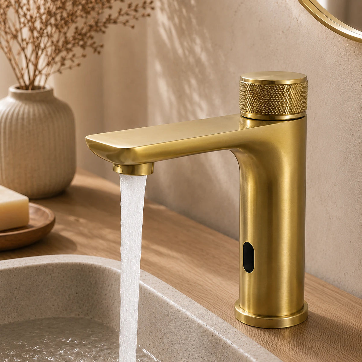 Robinet lavabo salle de bain tactile mitigeur rond - Doré - Laiton