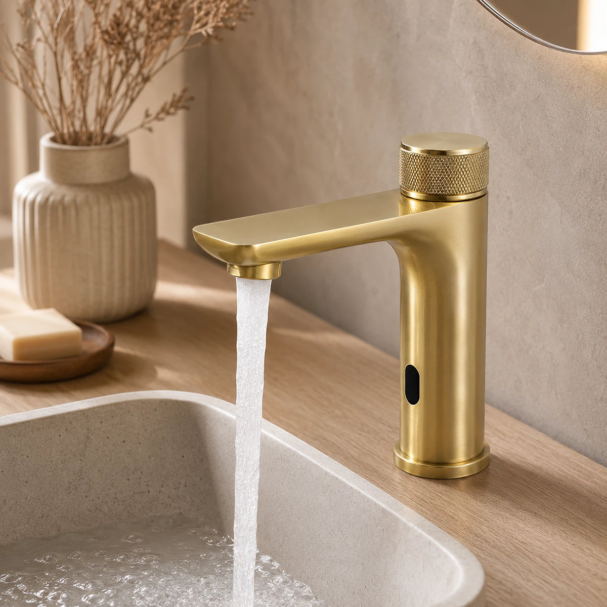 Robinet lavabo salle de bain tactile mitigeur rond - Doré - Laiton