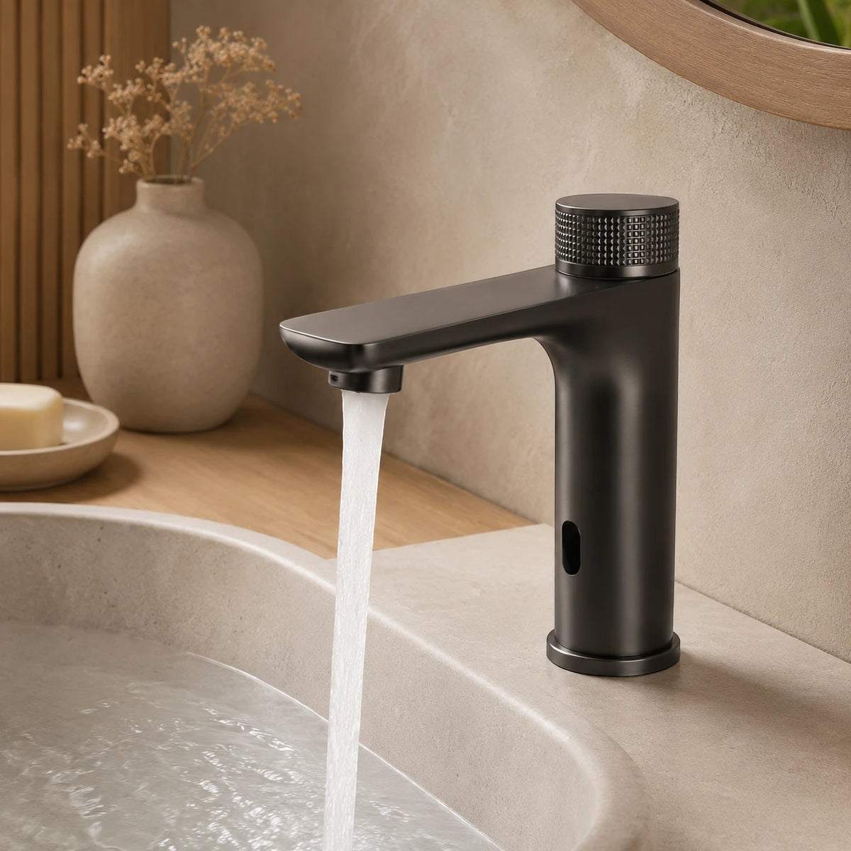 Robinet lavabo salle de bain tactile mitigeur rond - Noir - Laiton