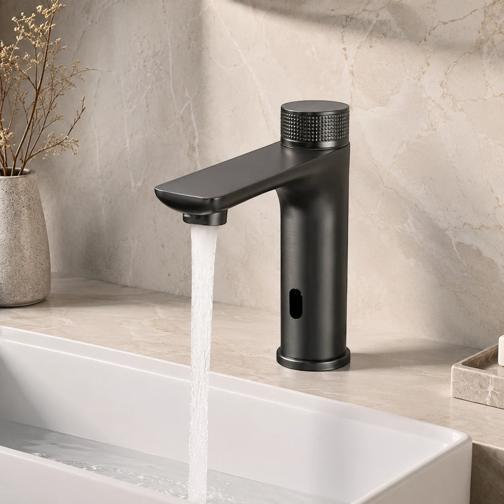 Robinet lavabo salle de bain tactile mitigeur rond - Noir - Laiton