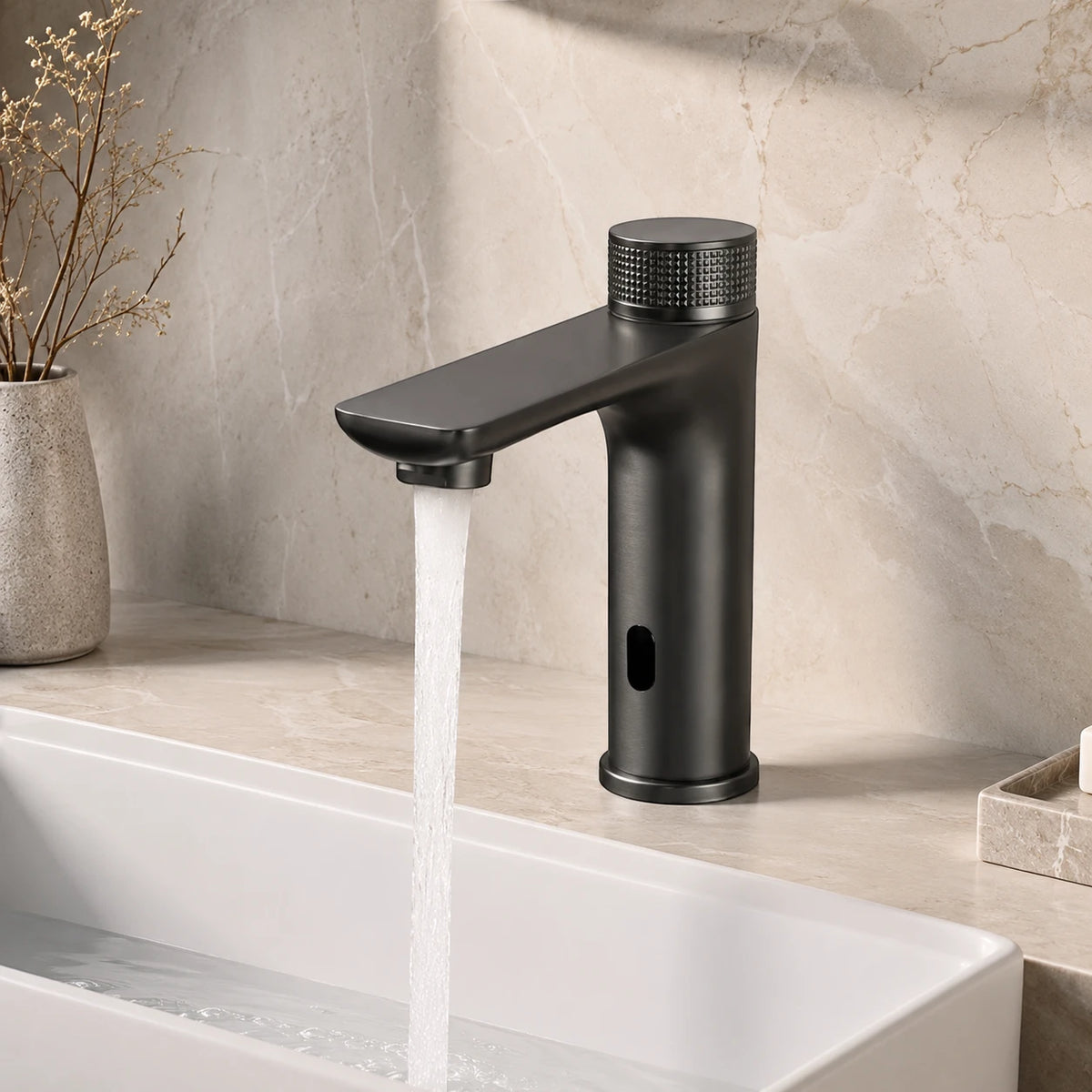 Robinet lavabo salle de bain tactile mitigeur rond - Noir - Laiton