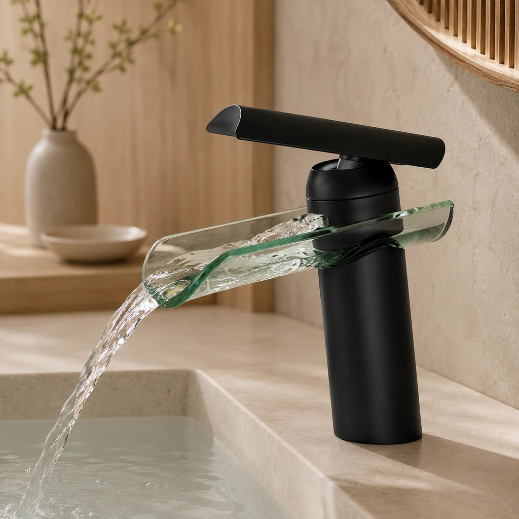 Robinet lavabo salle de bain verre cascade - Noir - Laiton