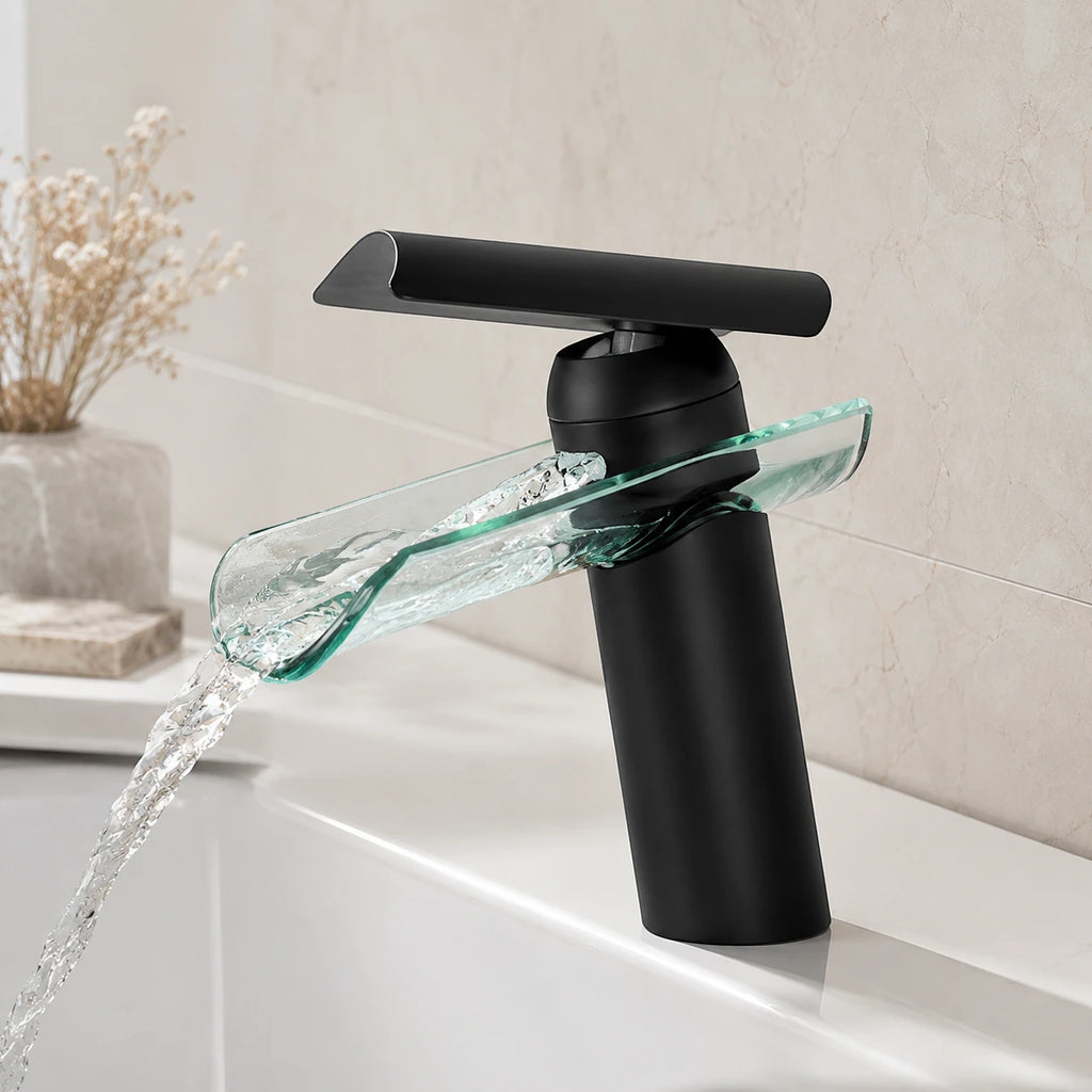 Robinet lavabo salle de bain verre cascade - Noir - Laiton