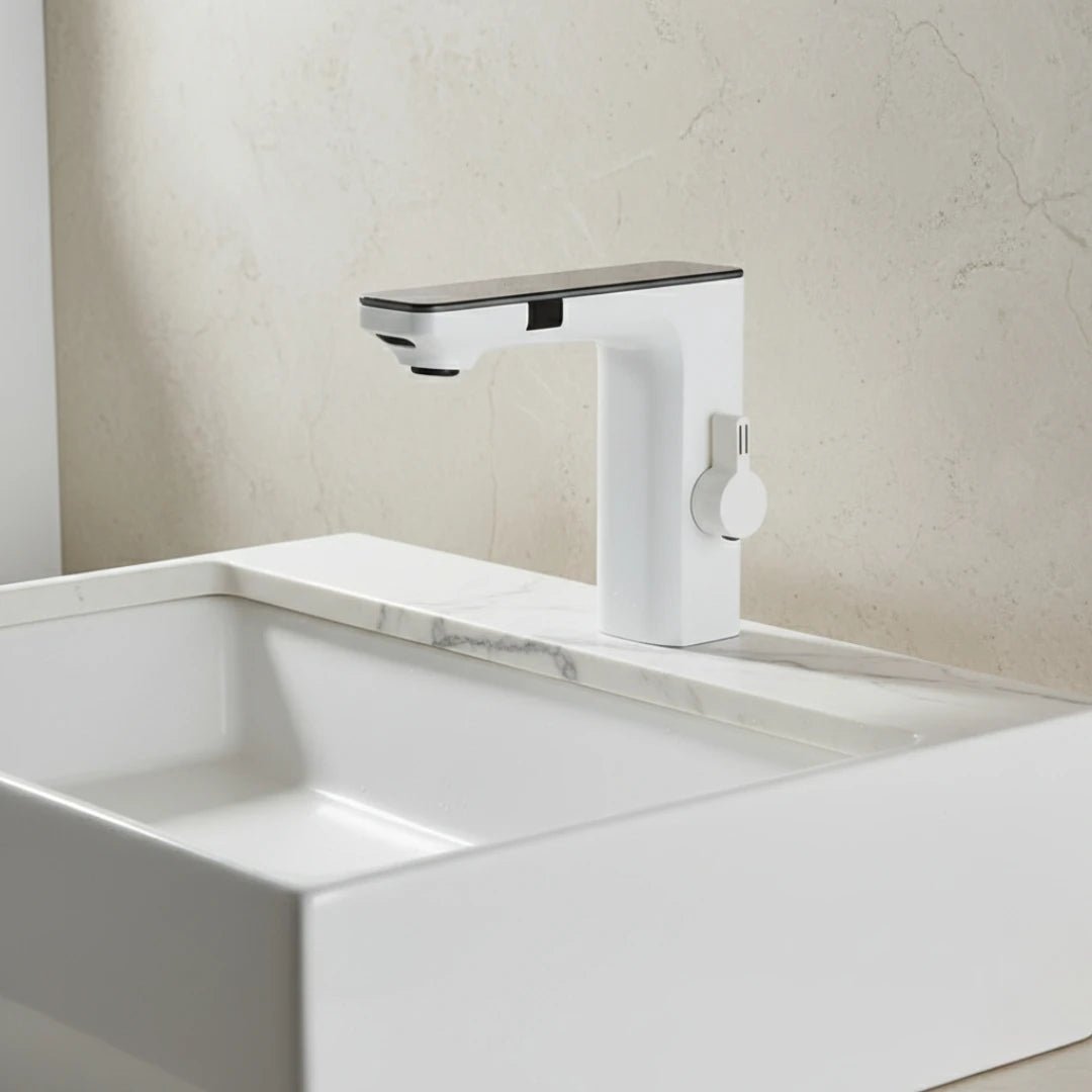 Robinet lavabo tactile affichage thermostatique numérique - Blanc - Laiton