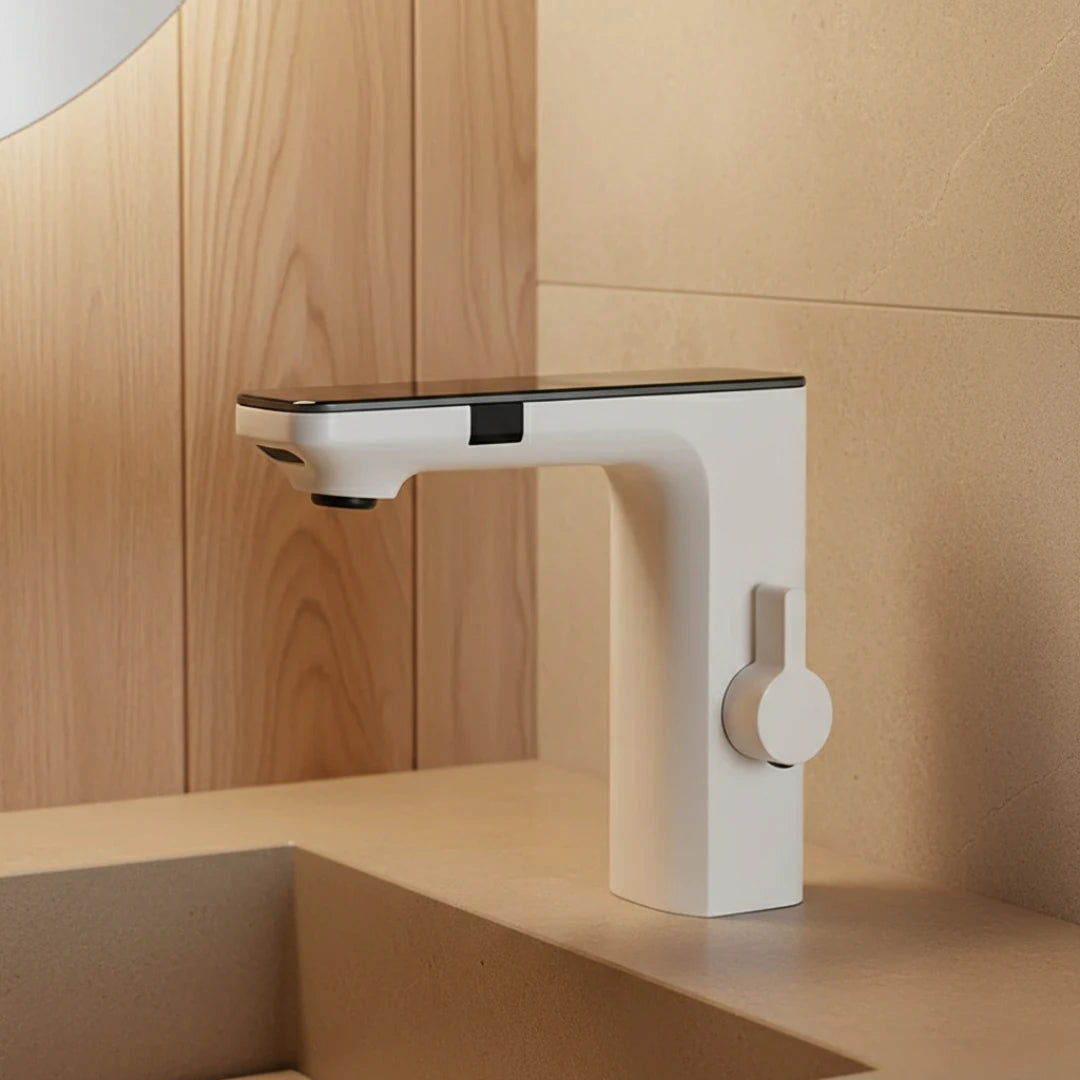 Robinet lavabo tactile affichage thermostatique numérique - Blanc - Laiton