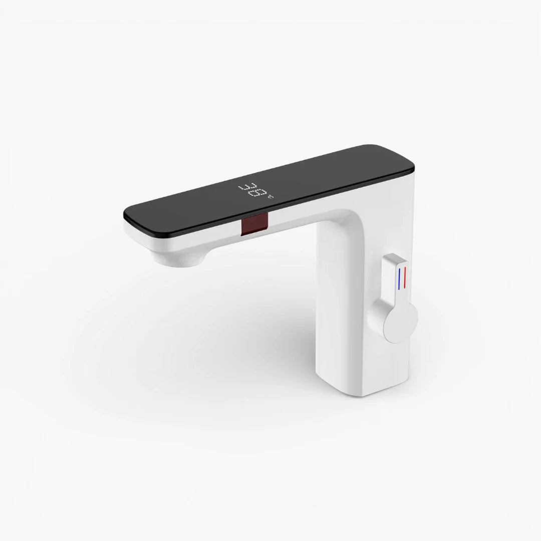 Robinet lavabo tactile affichage thermostatique numérique - Blanc - Laiton
