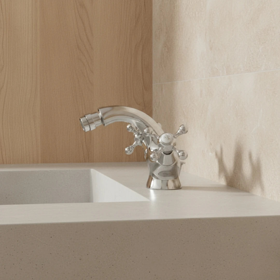 Robinet rétro lavabo deux poignées bec pivotant - Argenté - Laiton