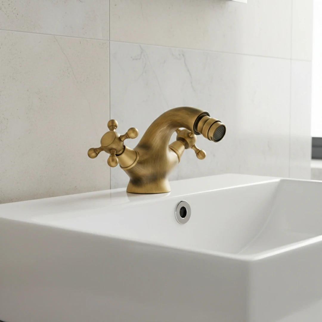 Robinet rétro lavabo deux poignées bec pivotant - Doré - Laiton