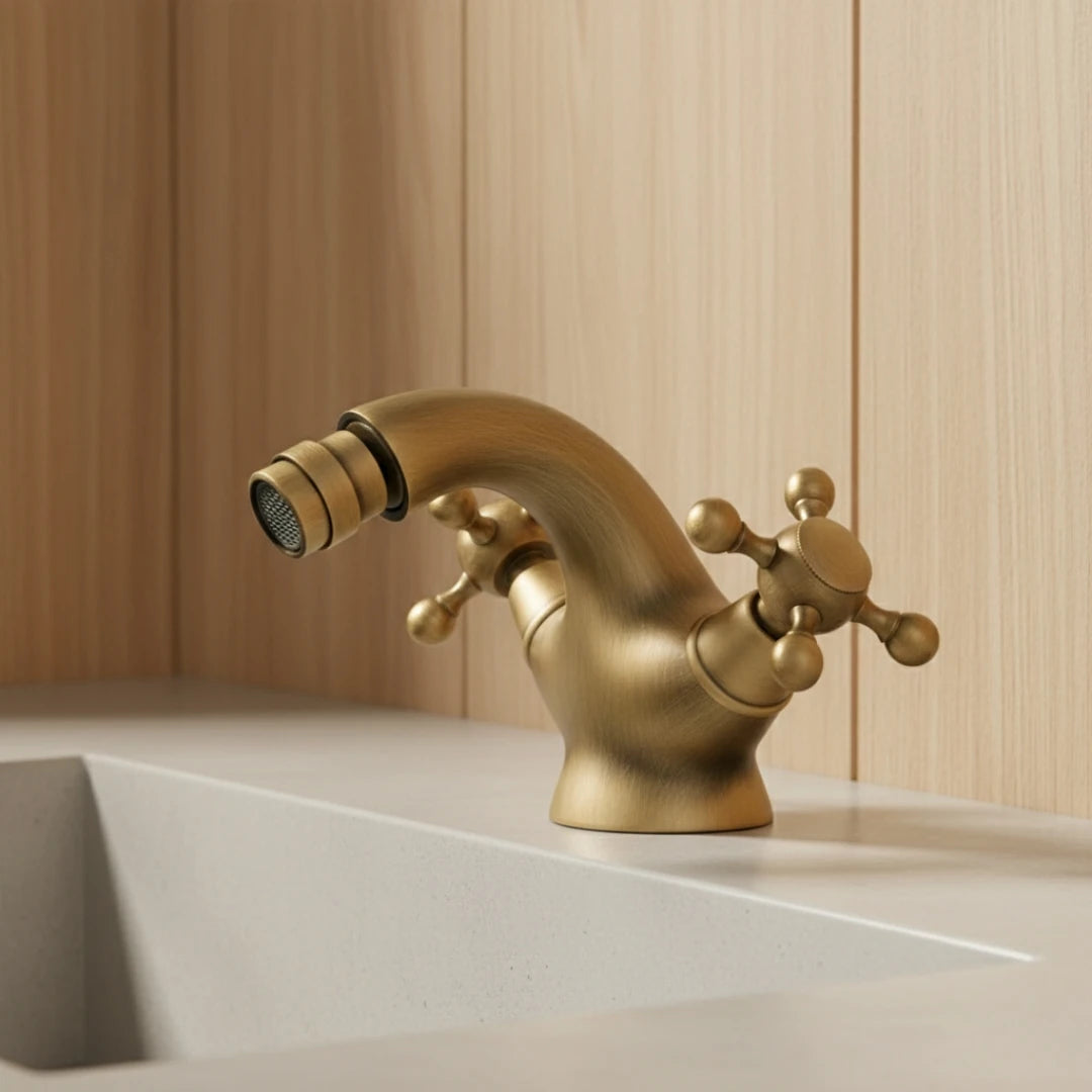 Robinet rétro lavabo deux poignées bec pivotant - Doré - Laiton