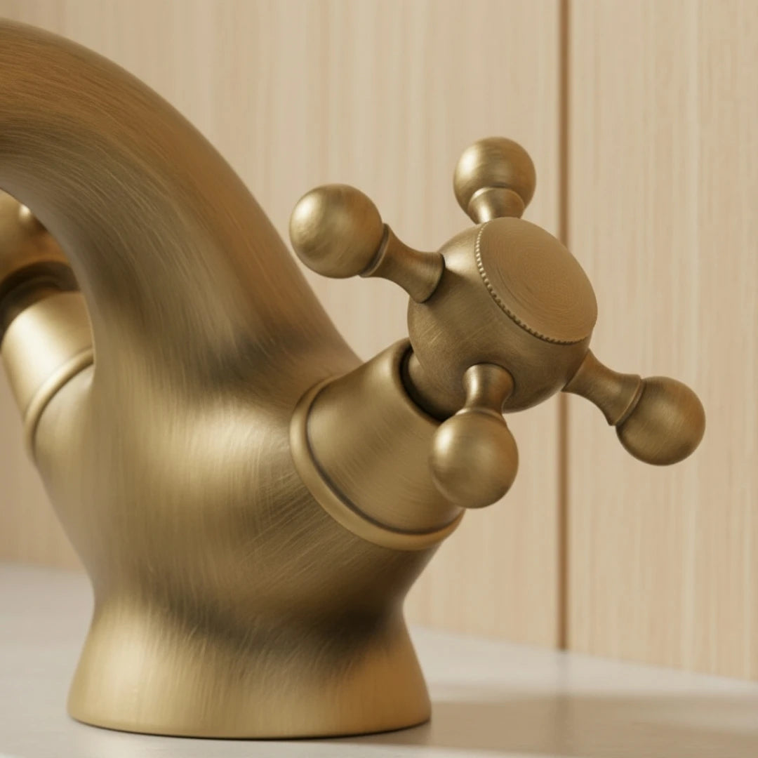 Robinet rétro lavabo deux poignées bec pivotant - Doré - Laiton