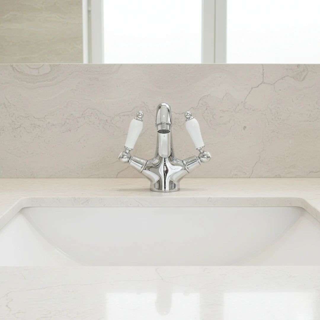 Robinet rétro lavabo deux poignées céramique - Argenté - Laiton