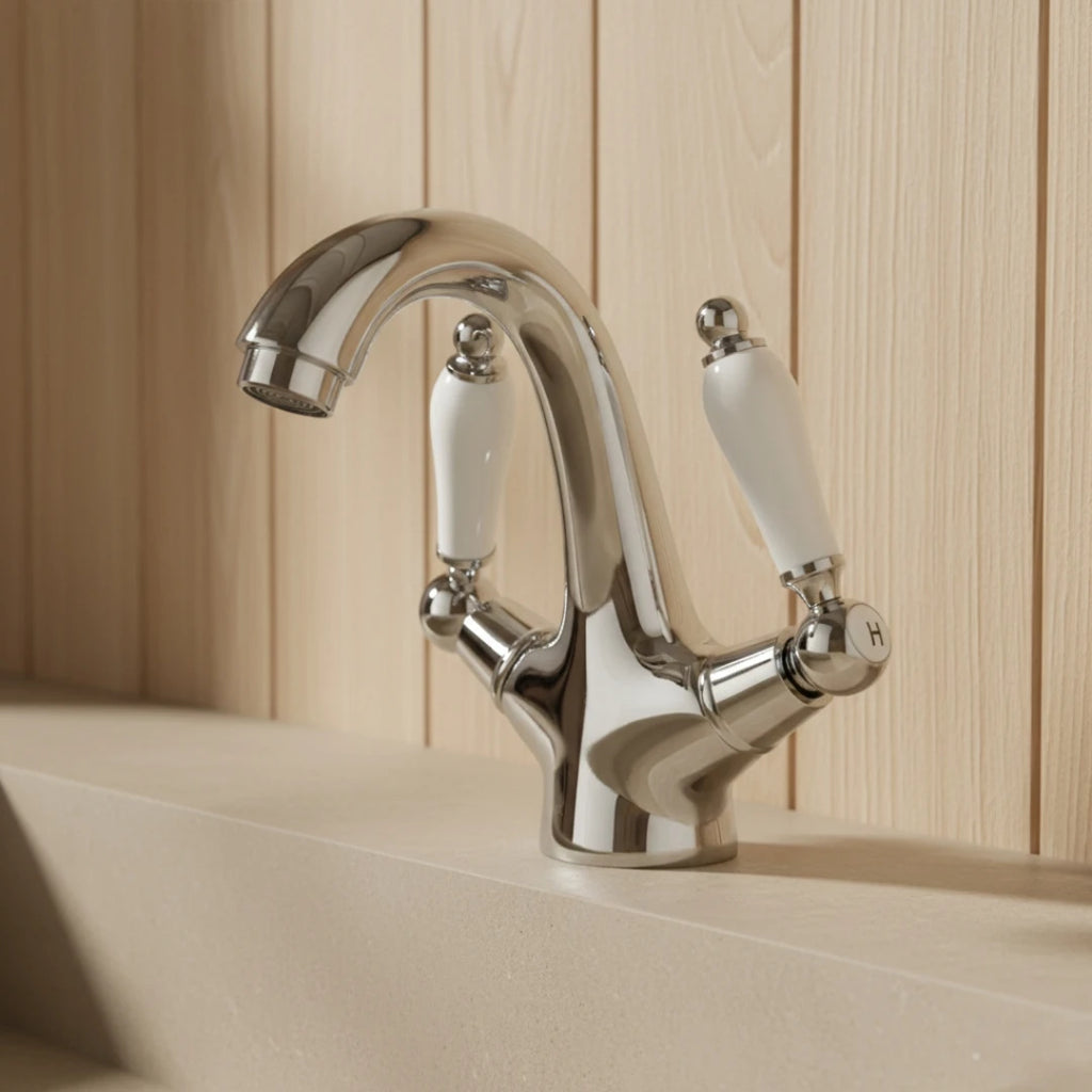 Robinet rétro lavabo deux poignées céramique - Argenté - Laiton