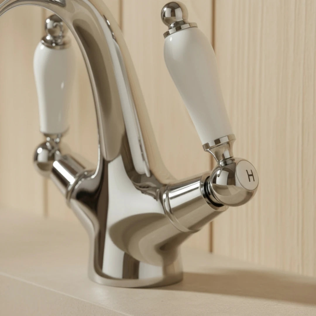 Robinet rétro lavabo deux poignées céramique - Argenté - Laiton
