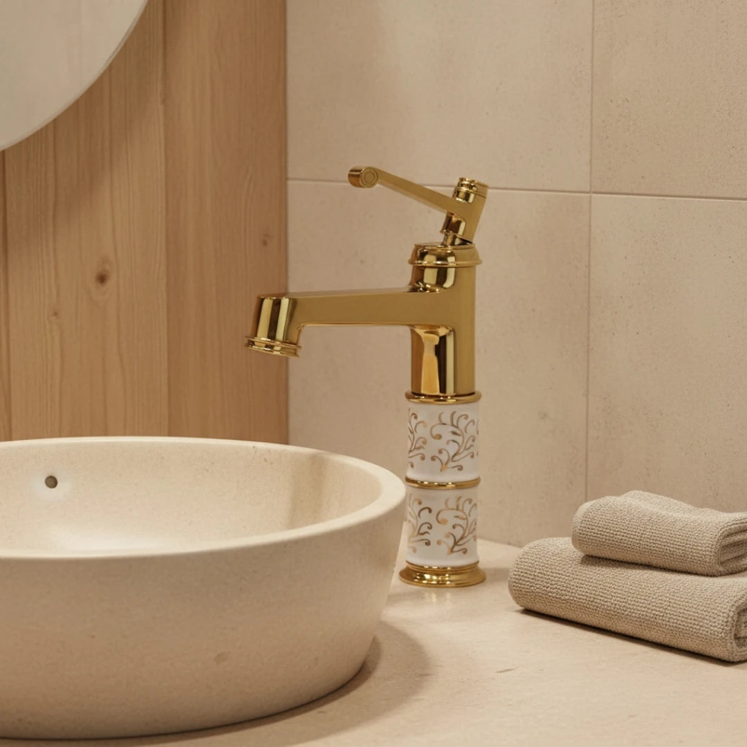 Robinet rétro salle de bain lavabo arabesque - Doré - Laiton