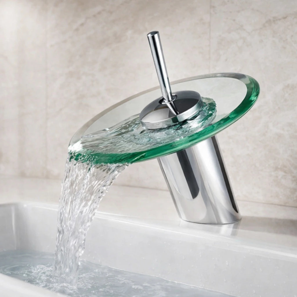 Robinet salle de bain bec rond verre - Argenté - Laiton