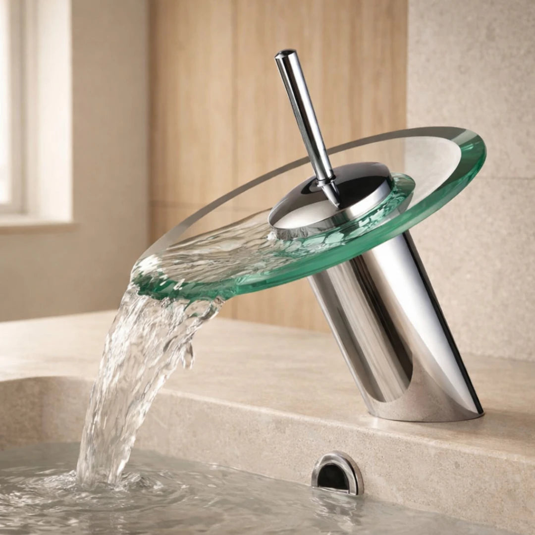 Robinet salle de bain bec rond verre - Argenté - Laiton