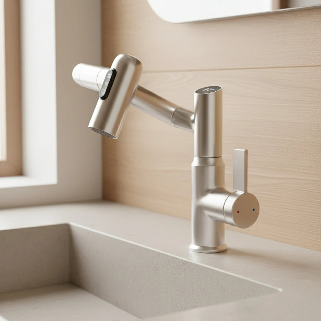 Robinet salle de bain lavabo affichage température numérique pivotant 3 jets - Argenté