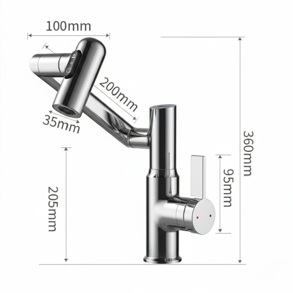 Robinet salle de bain lavabo affichage température numérique pivotant 3 jets - Argenté