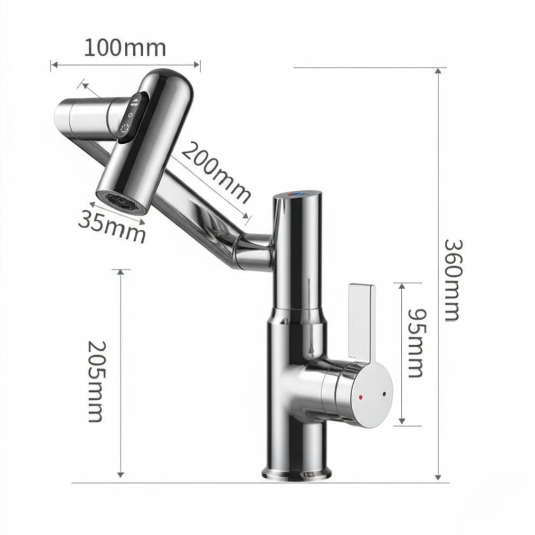 Robinet salle de bain lavabo affichage température numérique pivotant 3 jets - Argenté