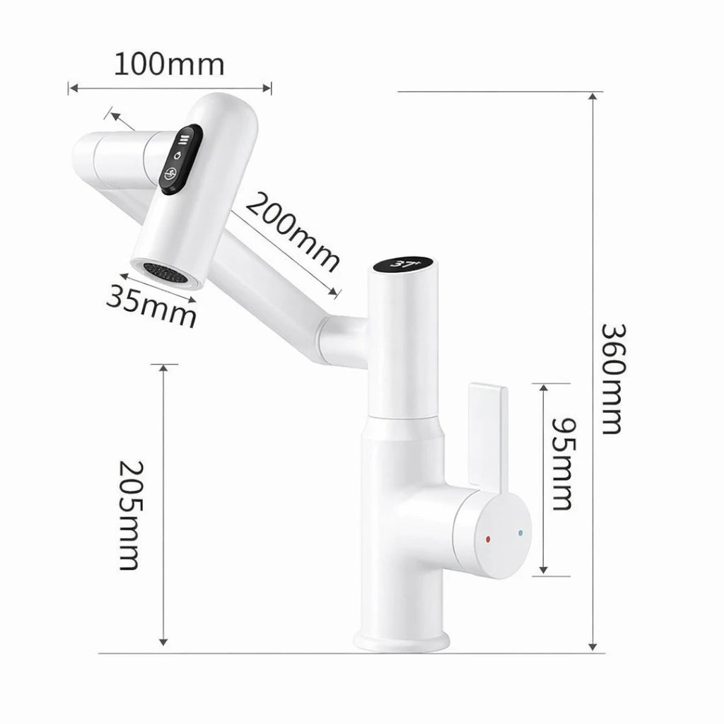 Robinet salle de bain lavabo affichage température numérique pivotant 3 jets - Blanc