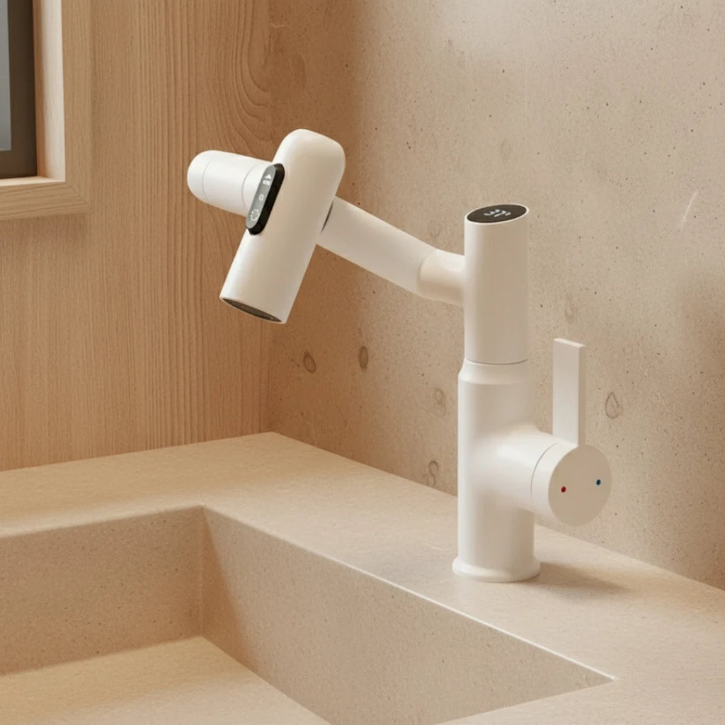 Robinet salle de bain lavabo affichage température numérique pivotant 3 jets - Blanc