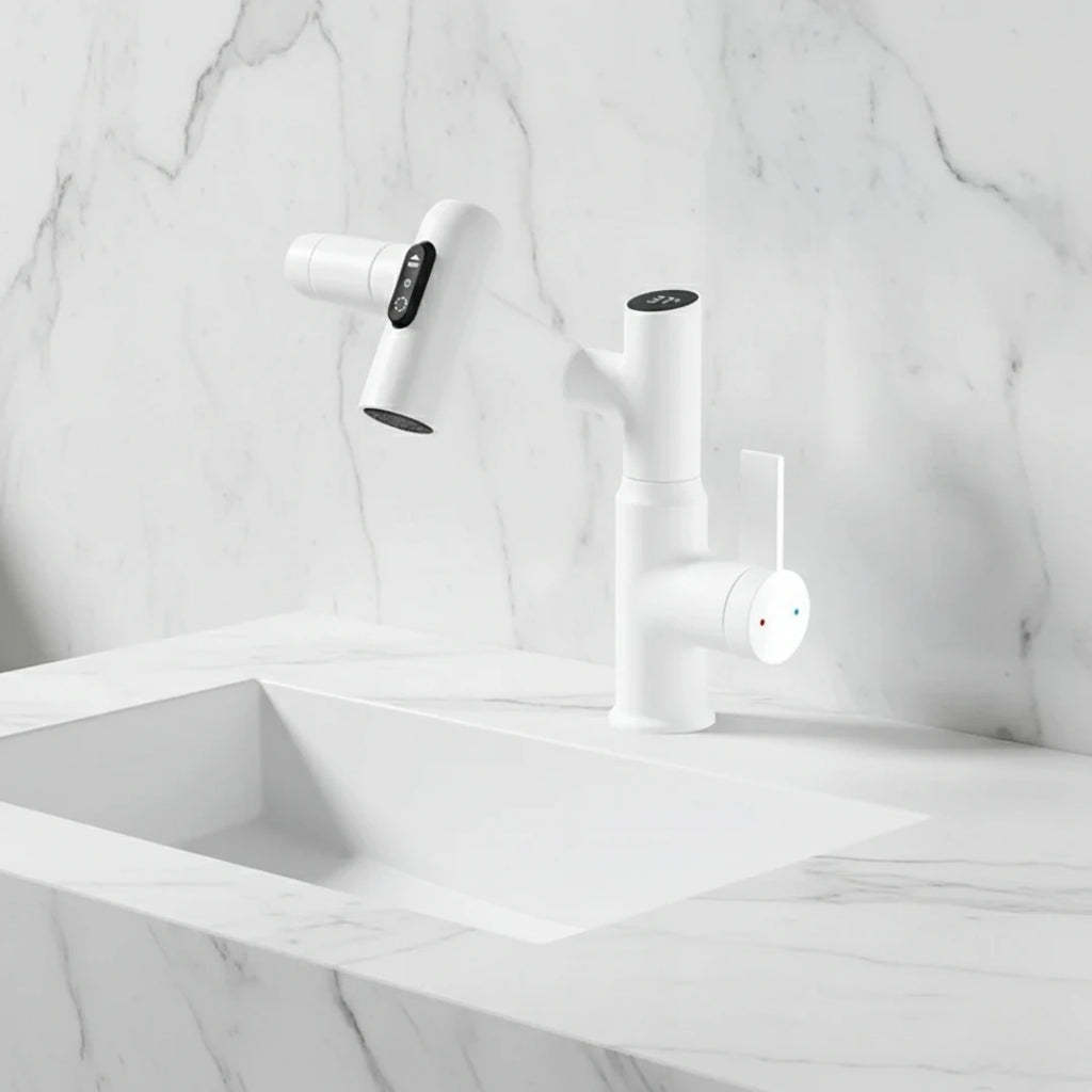 Robinet salle de bain lavabo affichage température numérique pivotant 3 jets - Blanc