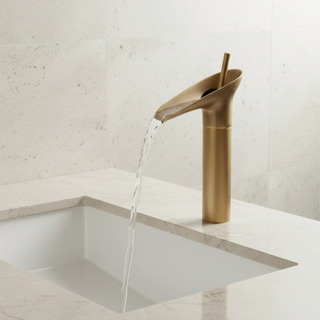 Robinet salle de bain lavabo bambou cascade - Doré - Laiton