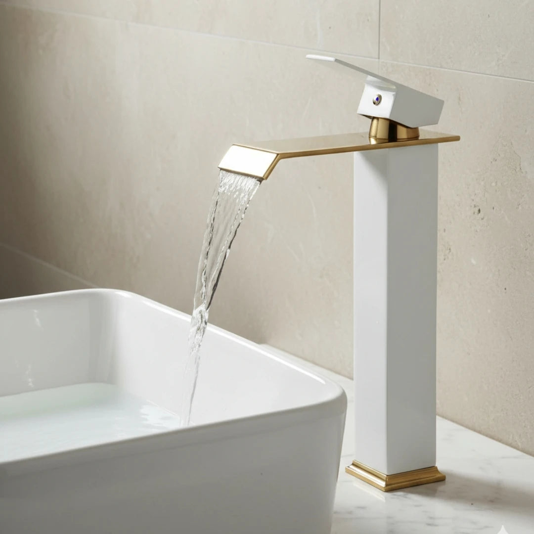 Robinet salle de bain lavabo carré moderne finitions dorées - Blanc - Laiton