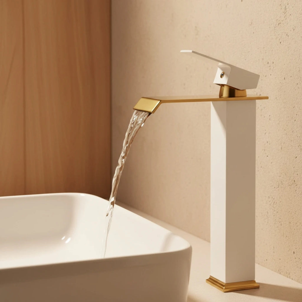 Robinet salle de bain lavabo carré moderne finitions dorées - Blanc - Laiton