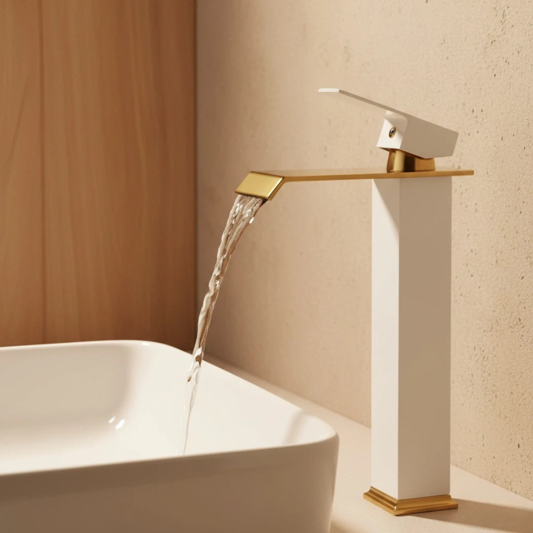 Robinet salle de bain lavabo carré moderne finitions dorées - Blanc - Laiton