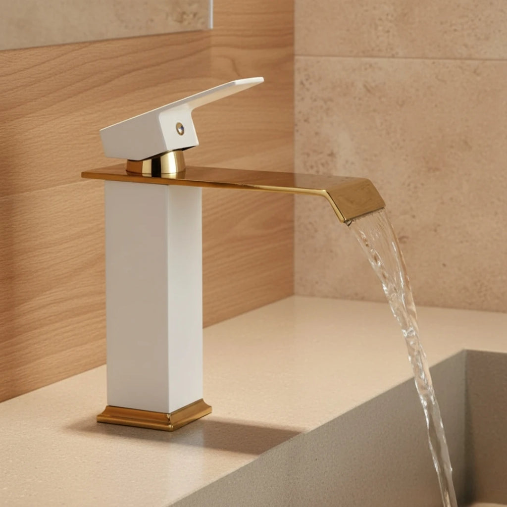 Robinet salle de bain lavabo carré moderne finitions dorées - Blanc - Laiton