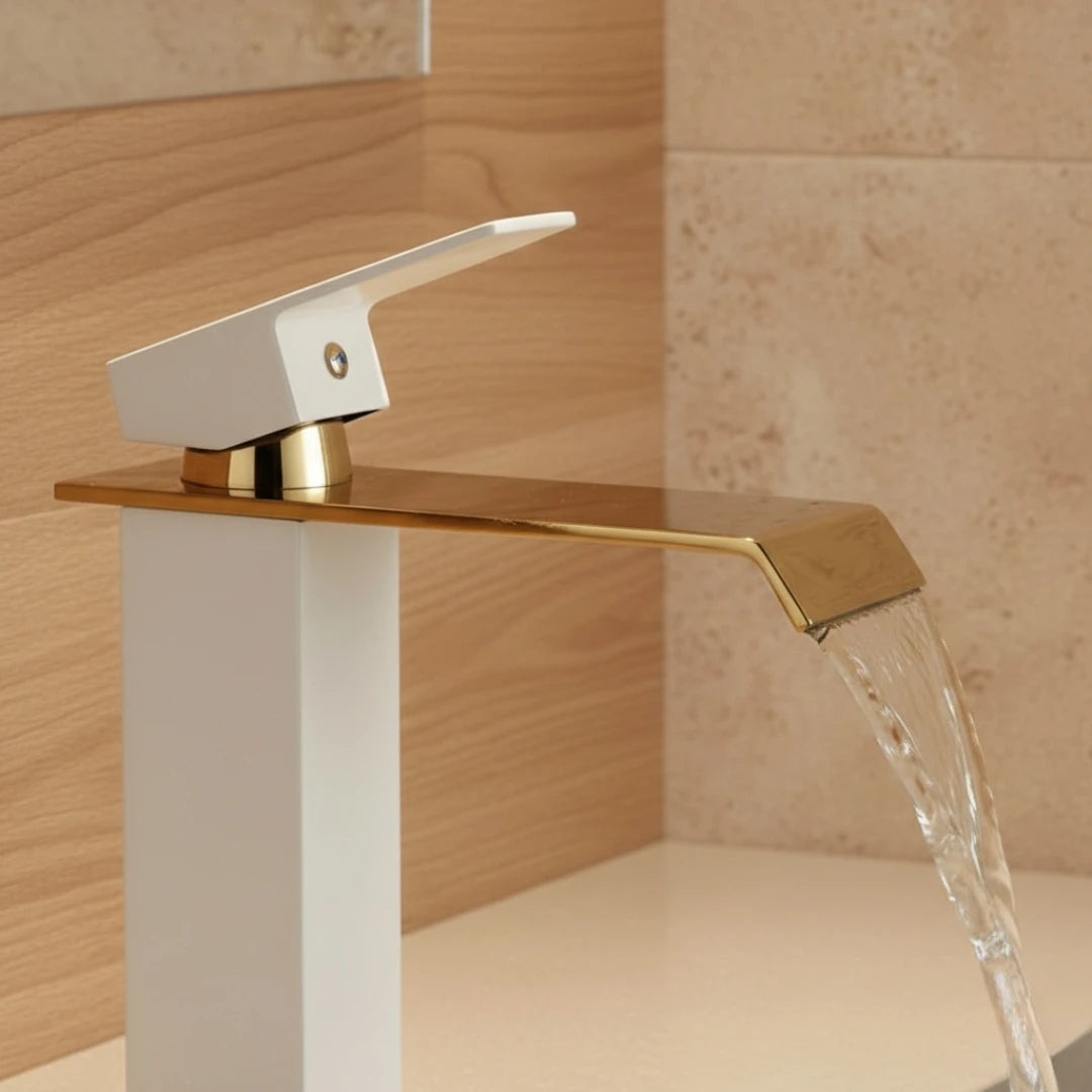 Robinet salle de bain lavabo carré moderne finitions dorées - Blanc - Laiton