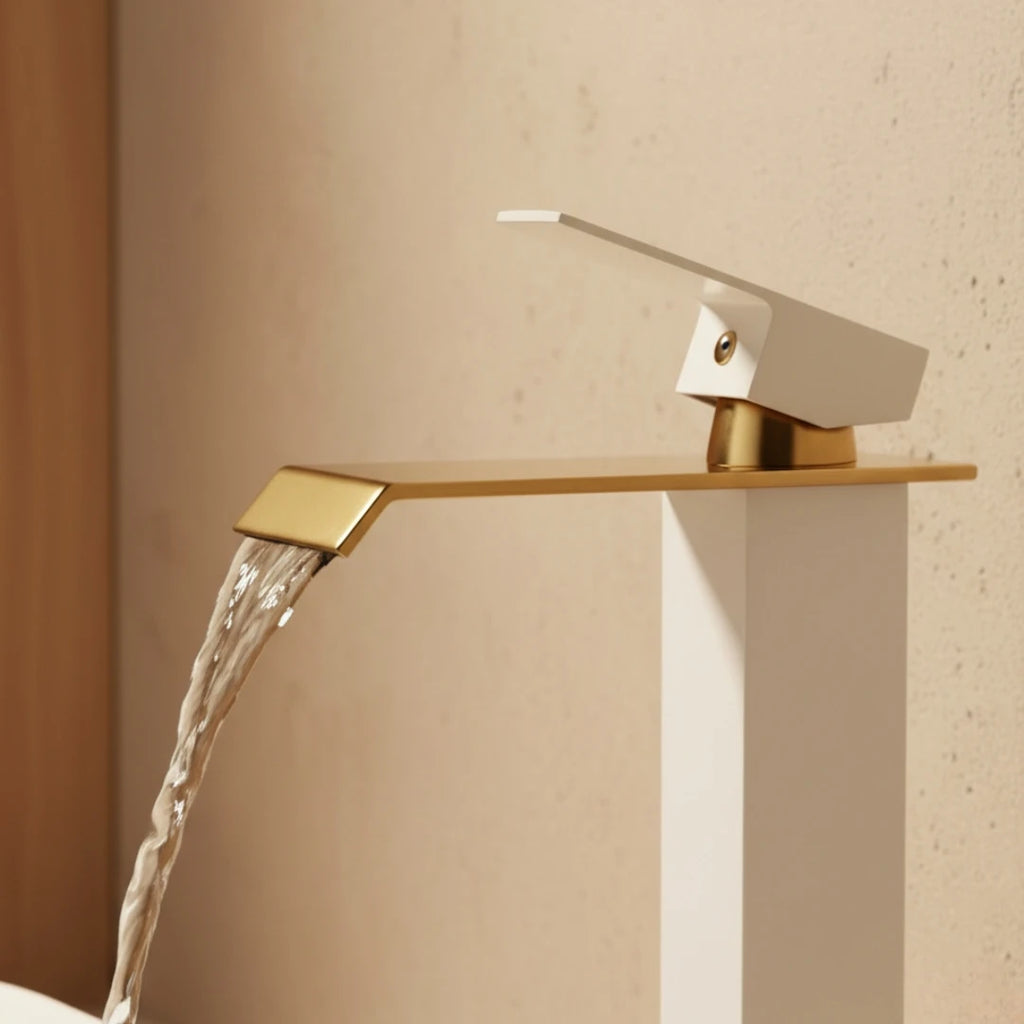Robinet salle de bain lavabo carré moderne finitions dorées - Blanc - Laiton