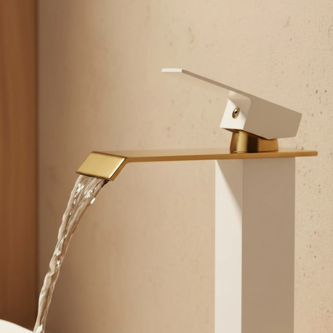 Robinet salle de bain lavabo carré moderne finitions dorées - Blanc - Laiton