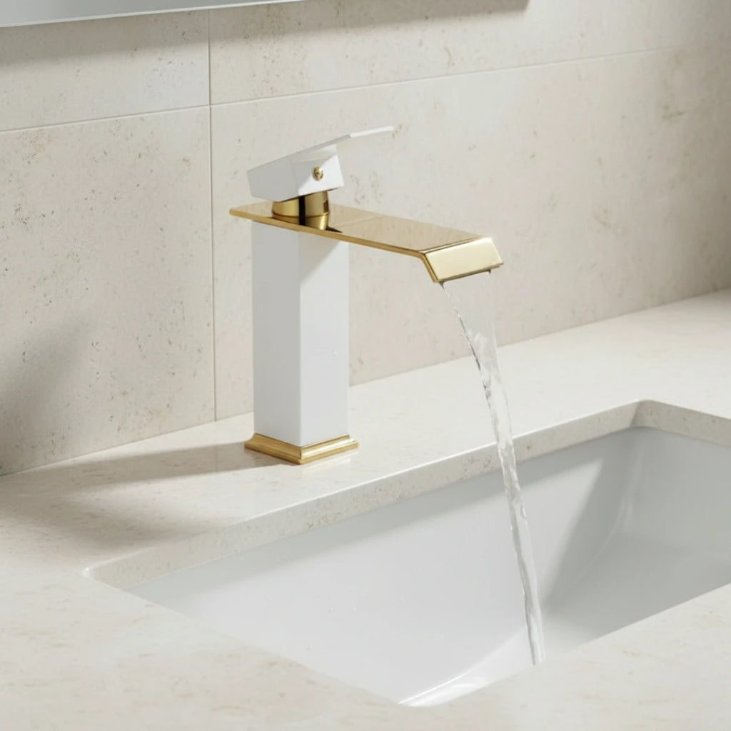 Robinet salle de bain lavabo carré moderne finitions dorées - Blanc - Laiton