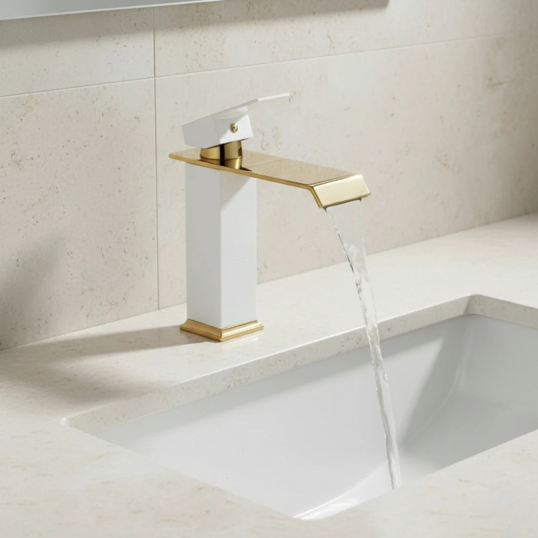 Robinet salle de bain lavabo carré moderne finitions dorées - Blanc - Laiton