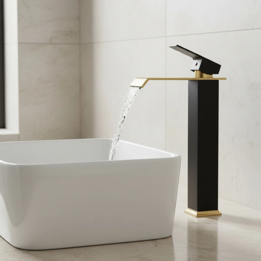 Robinet salle de bain lavabo carré moderne finitions dorées - Noir - Laiton