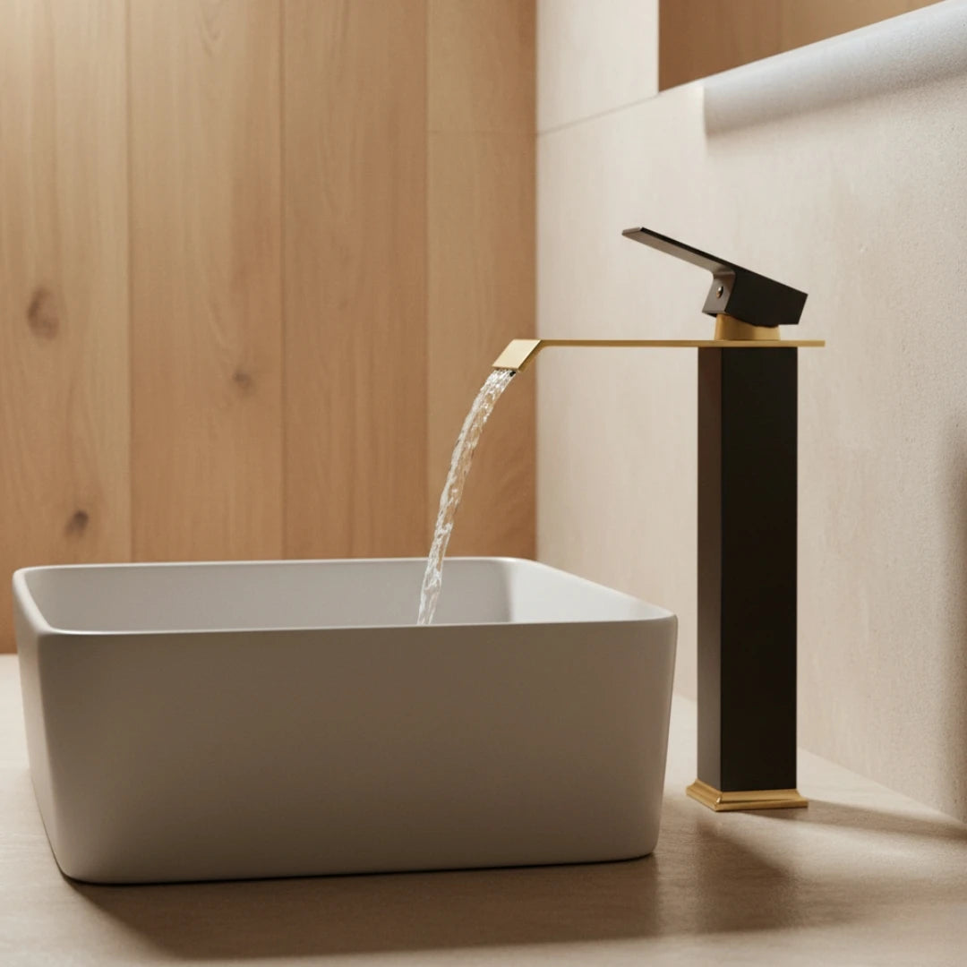 Robinet salle de bain lavabo carré moderne finitions dorées - Noir - Laiton