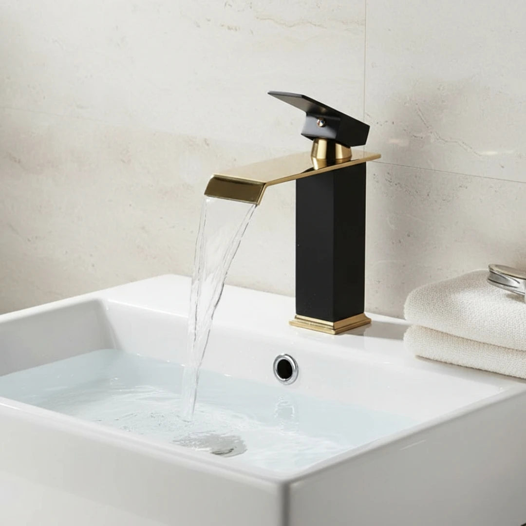 Robinet salle de bain lavabo carré moderne finitions dorées - Noir - Laiton