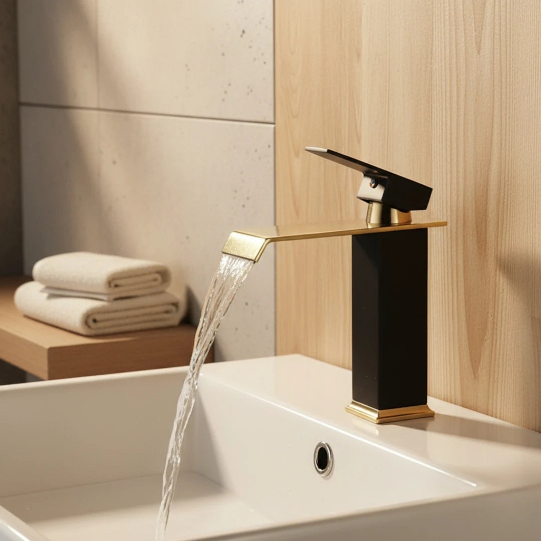 Robinet salle de bain lavabo carré moderne finitions dorées - Noir - Laiton