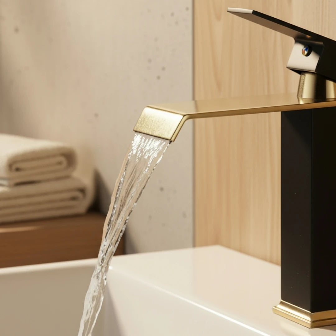 Robinet salle de bain lavabo carré moderne finitions dorées - Noir - Laiton