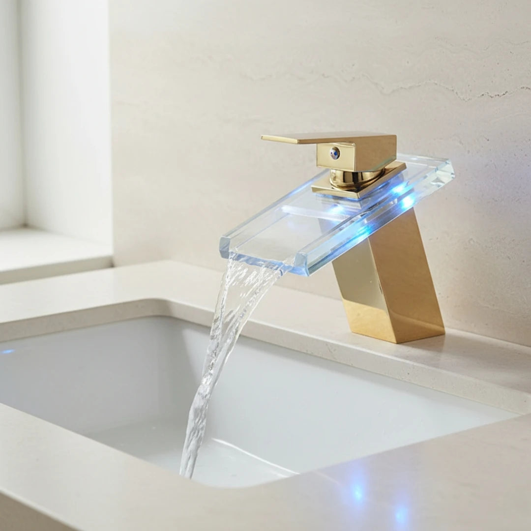 Robinet salle de bain lavabo cascade lumineuse - Doré - Laiton