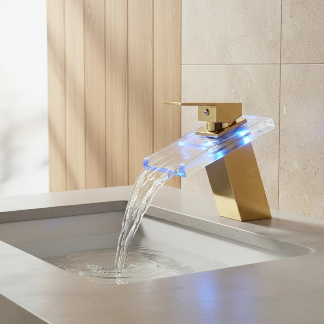 Robinet salle de bain lavabo cascade lumineuse - Doré - Laiton