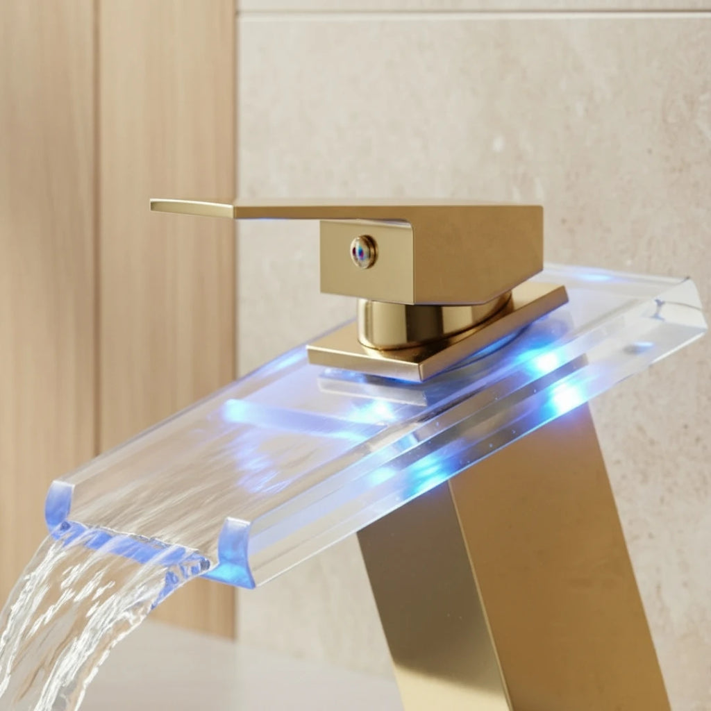Robinet salle de bain lavabo cascade lumineuse - Doré - Laiton